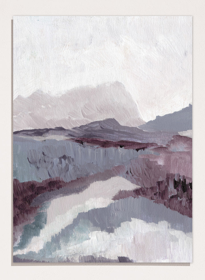 Shop Muted Mountain Landscape by Nikita Jariwala, an abstract mountain wall art print poster featuring misty peaks, layered scenery, and soft purple tones.