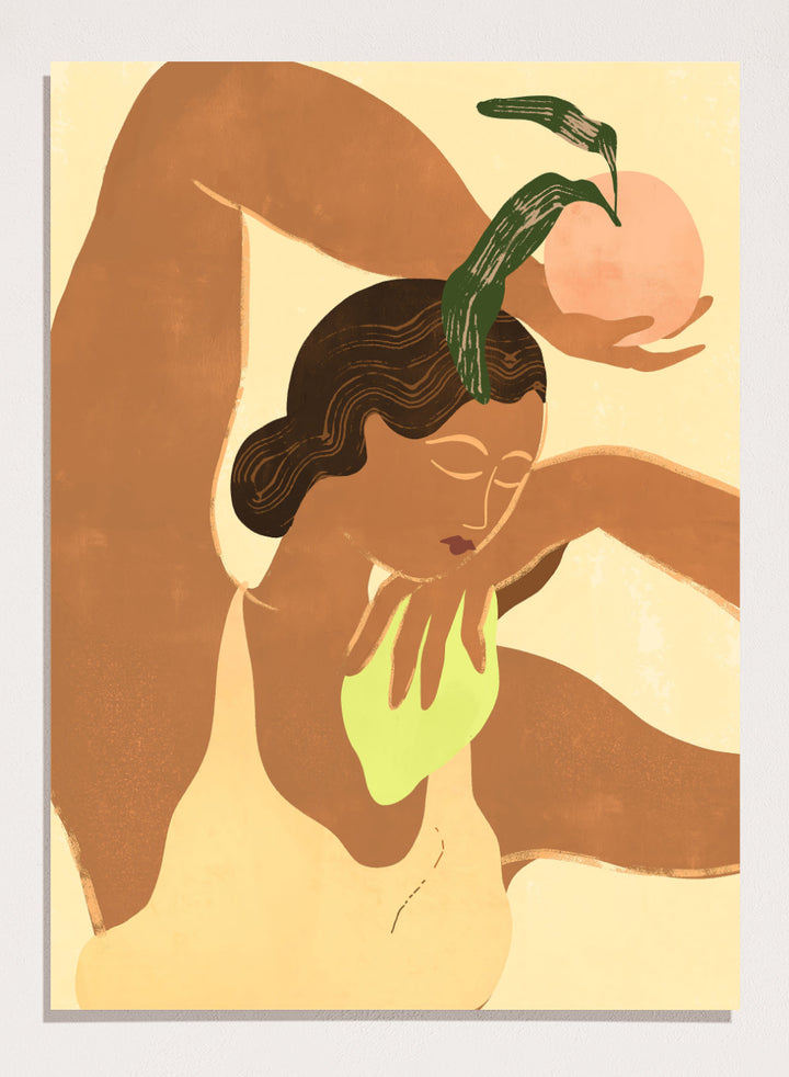 Artistic depiction of a woman with abstract elements on a beige background. Lemon Apple by Arty Guava art print, modern woman and fruit illustration, contemporary aesthetic wall poster in warm yellow and soft green tones.