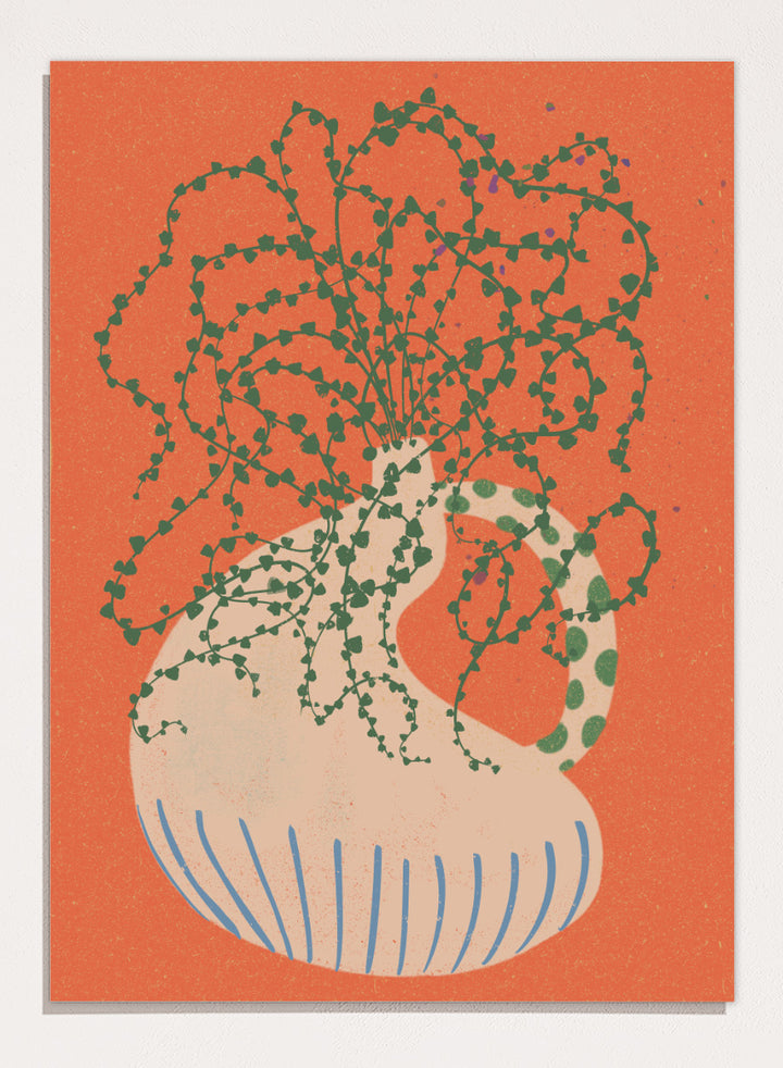 Shop Green Trailing Plant by Nikita Jariwala, a botanical wall art print poster featuring a trailing houseplant, cream vase, coral background, and bold green tones.