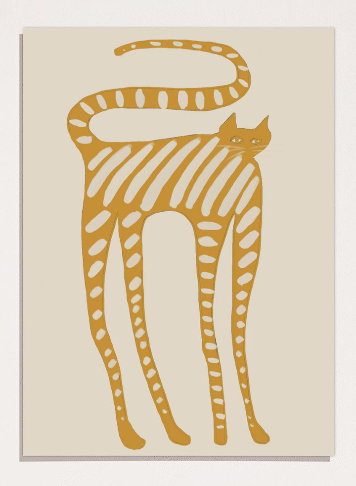 A stylized art print of a cat in a minimalist design, featuring a mustard yellow cat with white stripes and spots on a light beige background. Whimsical Striped Cat by The Art Concept cat art print featuring a mustard-yellow cat with cream stripes, long legs, and an oversized looping tail.