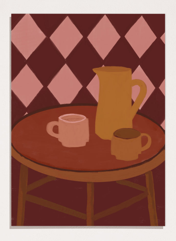 A stylized illustration of a round wooden table with a pink mug, a yellow pitcher, and a small cup against a dark red and pink diamond-patterned background. Retro Coffee Time by The Art Concept warm art print featuring mugs, a pitcher, and a café table in soft retro tones and a diamond pattern background.