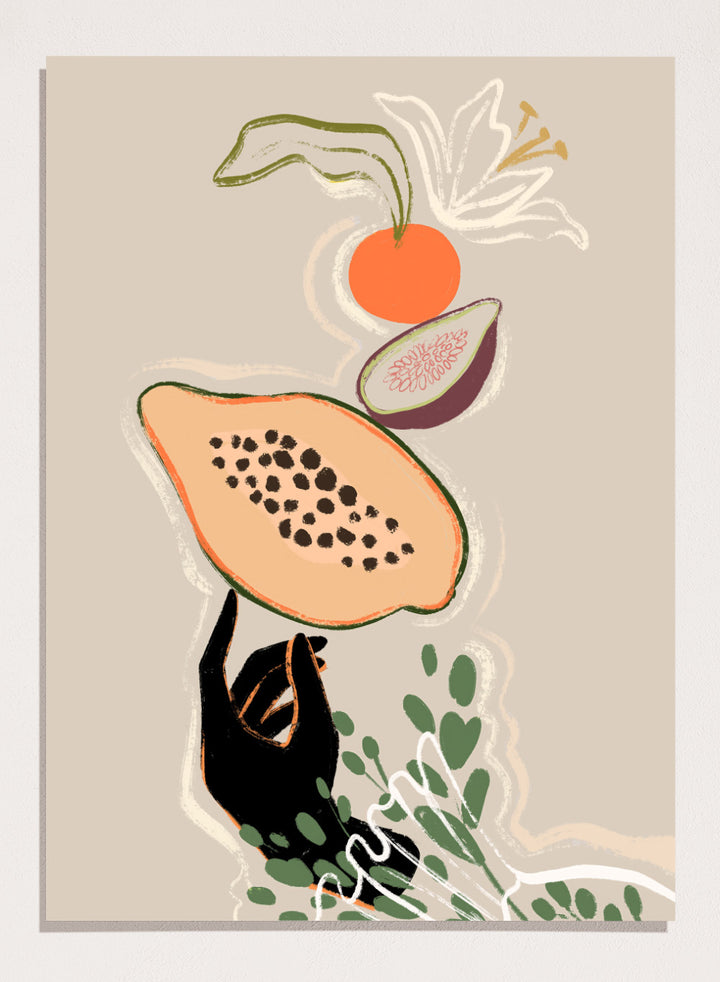 Illustration of a sloth holding a papaya with a beige background. Balancing Fruits by Arty Guava is a modern fruit still life art print with papaya and fig. Officially licensed wall poster for kitchen decor.