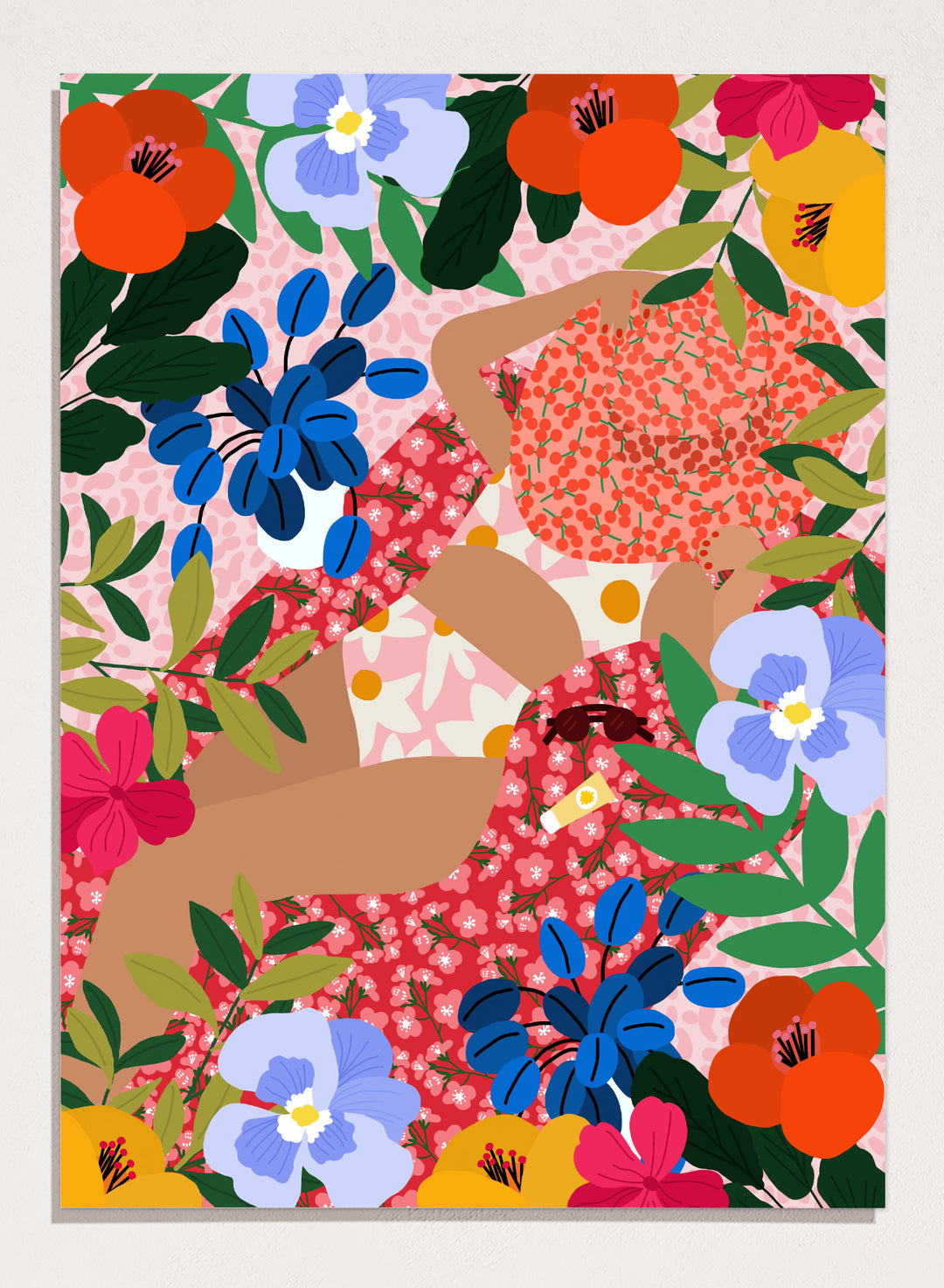 Colorful floral pattern with abstract shapes on a pink background. Sleeping Under the Sun by Rafaela Mascaro is a vibrant floral art print filled with bold colors, botanical details, decorative patterns, and summer warmth.