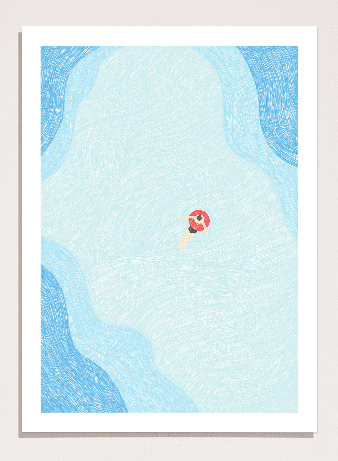 Calm Summer Swim by Rio Soléy is a minimalist coastal art print featuring a lone swimmer, soft blue water, playful illustration, and relaxed summer vibes.