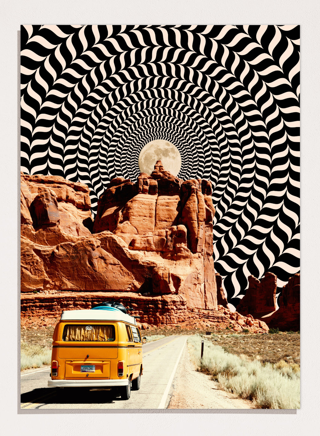Van on a road with a surreal landscape and optical illusion pattern. The Real Road Trip by Taudalpoi surreal desert road trip art print with vintage van, red rock canyon and hypnotic cosmic sky, retro sci fi poster wall art.
