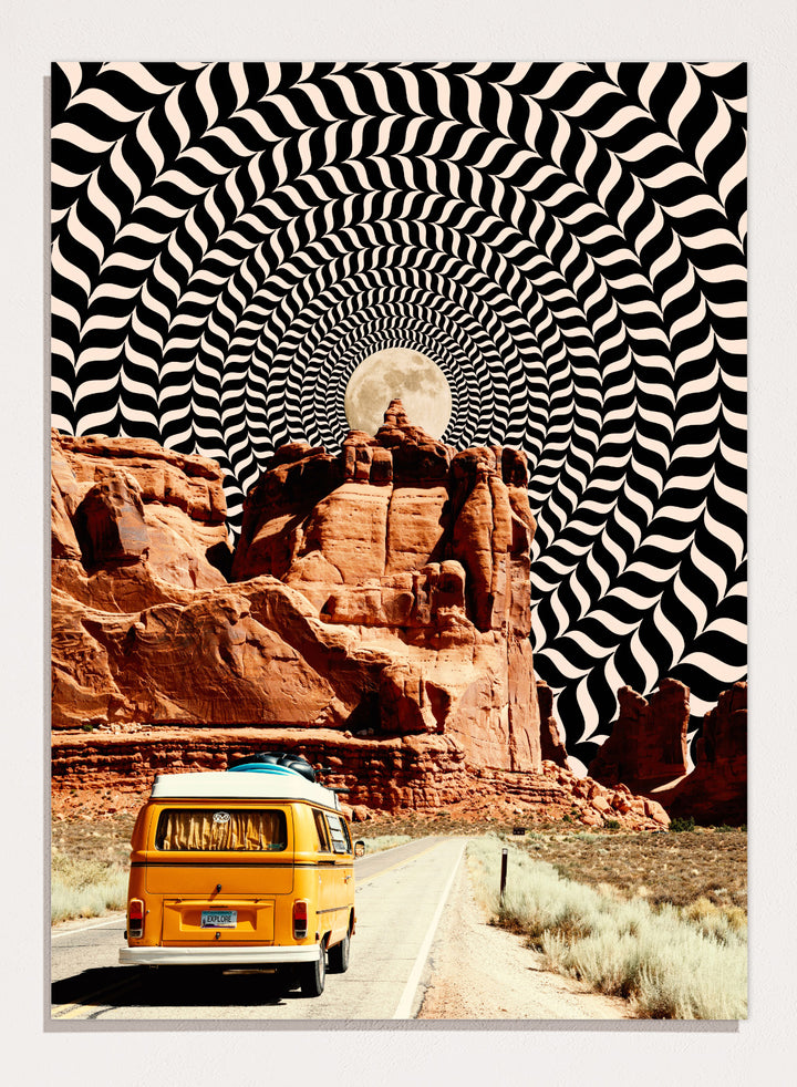 Van on a road with a surreal landscape and optical illusion pattern. The Real Road Trip by Taudalpoi surreal desert road trip art print with vintage van, red rock canyon and hypnotic cosmic sky, retro sci fi poster wall art.