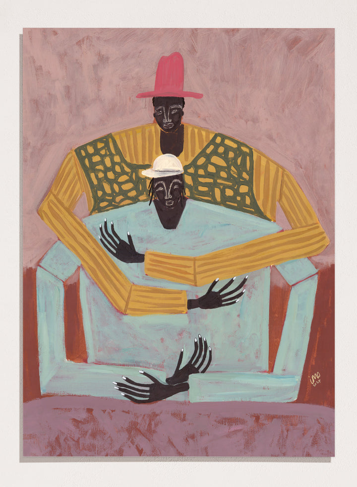 Artistic depiction of two figures sitting together with a pink background. The Hug by Studio IMO (Ibi Meier-Oruitemeka) is a modern figurative art print featuring two figures embracing in a bold contemporary wall poster design.