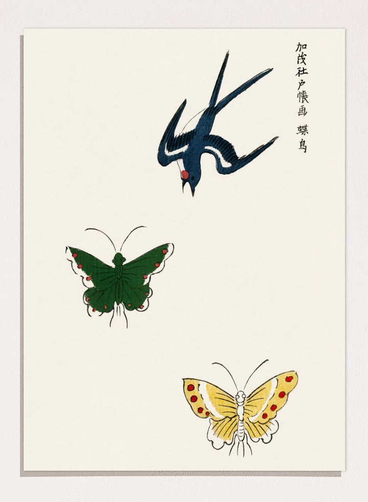 Swallow and Butterflies by Taguchi Tomoki from Yatsuo no Tsubaki is a vintage Japanese woodblock art print featuring a blue swallow and colorful butterflies on warm ivory.