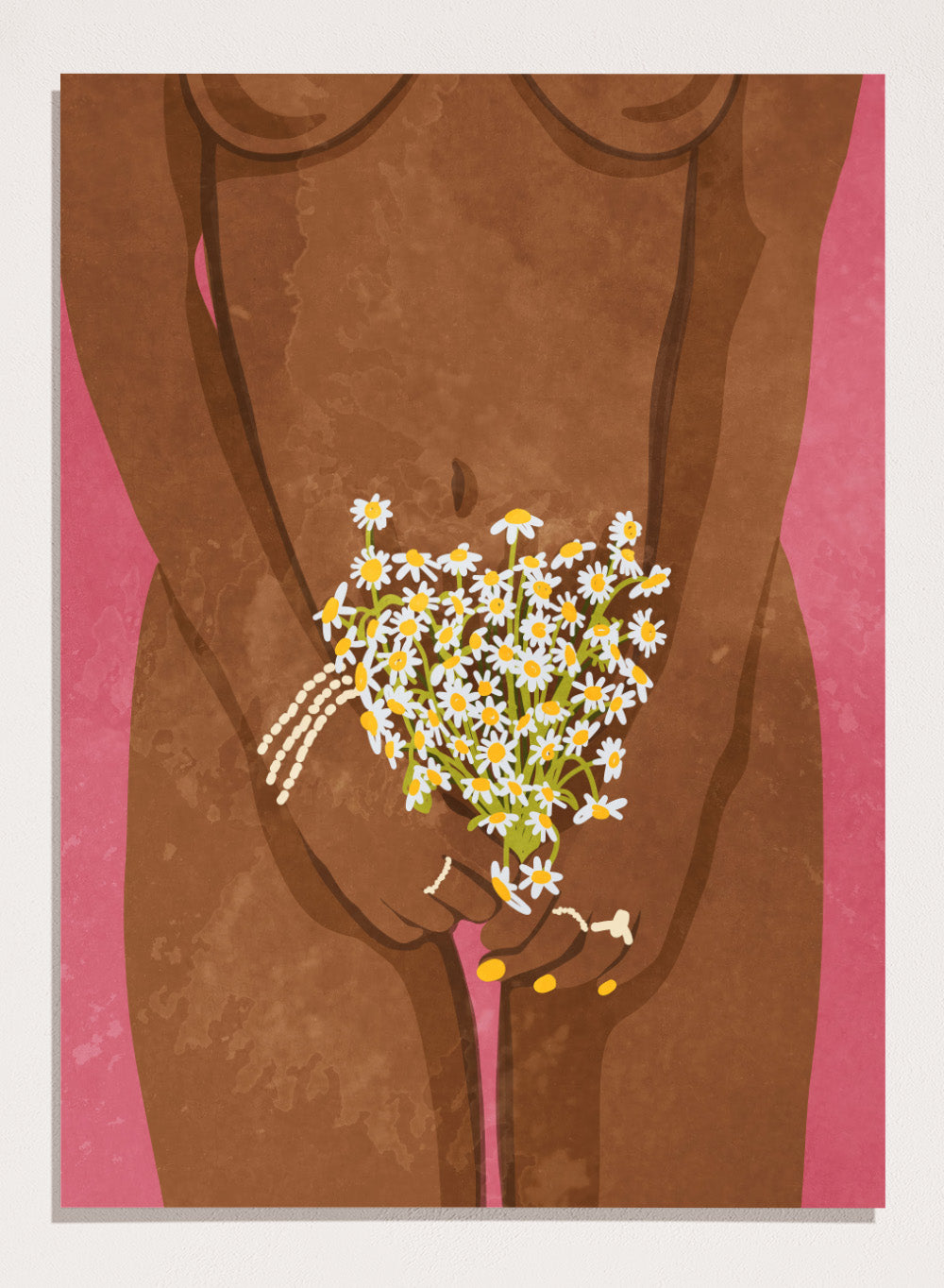 Illustration of a hand holding flowers against a brown background. Wearing Flowers by Raissa Oltmanns is a modern woman portrait art print with daisies, pink background, and minimalist graphic wall poster design.