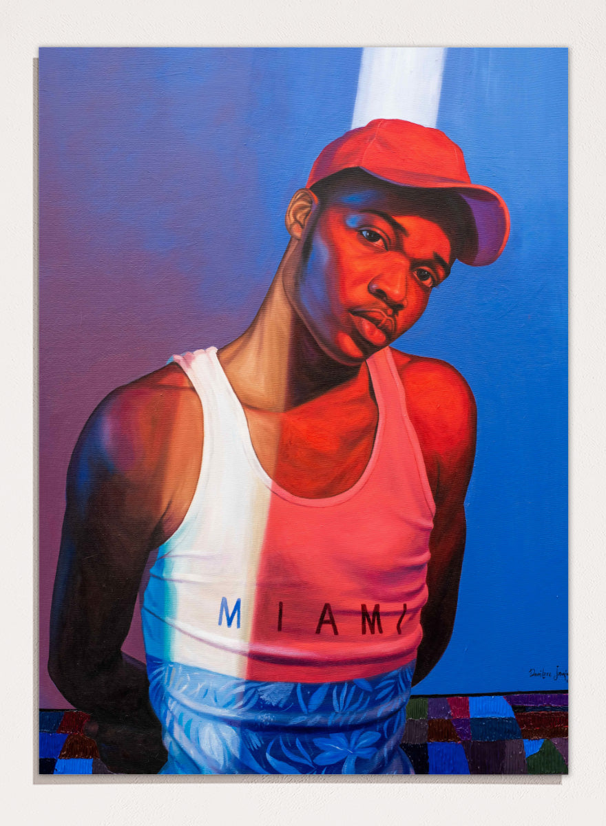 A stylized portrait painting of a man wearing a red cap, a white tank top with &