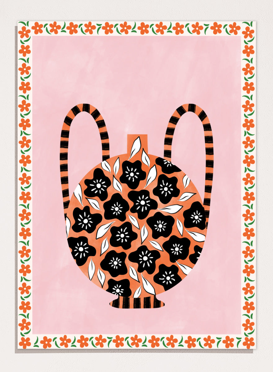 Shop Orange Floral Vase by Elena Ristova, a colorful floral wall art print poster featuring black flowers, striped handles, pink, orange, green, and folk-inspired details.