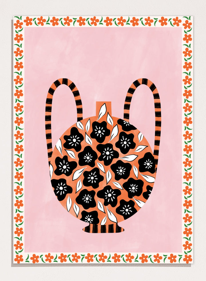 Shop Orange Floral Vase by Elena Ristova, a colorful floral wall art print poster featuring black flowers, striped handles, pink, orange, green, and folk-inspired details.