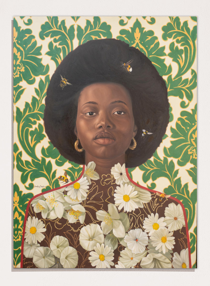 A stylized portrait artwork of a Black woman with an afro hairstyle, wearing gold hoop earrings and a brown top covered in white daisy flowers, set against a green and cream damask patterned background with small bees visible. Shop Afro Floral Portrait by Damilare Jamiu, a contemporary portrait wall art print featuring a woman with afro hair, floral details, bees, and rich green tones.