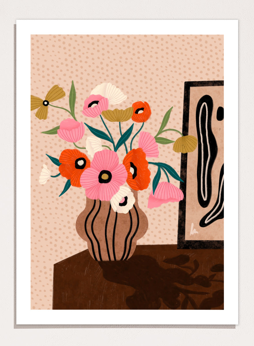 Shop Vibrant Poppy Bouquet by Bea Müller, a floral wall art print poster featuring colorful poppies in a striped vase with bold pink tones and modern still life style.