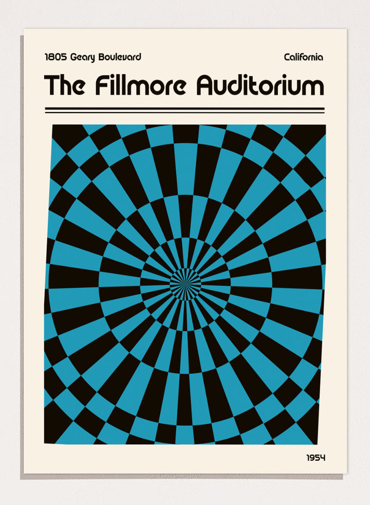 A poster-style graphic for The Fillmore Auditorium, with black text on a cream background and a large central optical illusion pattern in turquoise blue and black radiating inward. Text at the top reads &