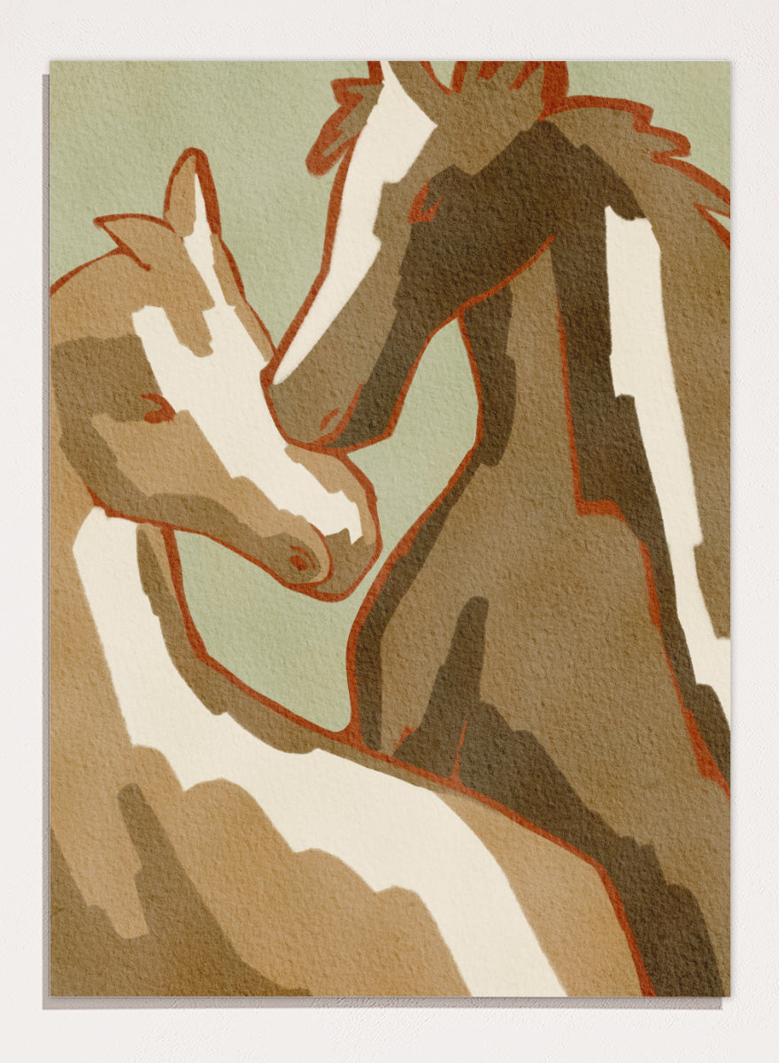 Shop Horse Love by Nikita Jariwala, a modern horse wall art print featuring two horses in a close affectionate pose, with warm beige, cream, and rust tones.