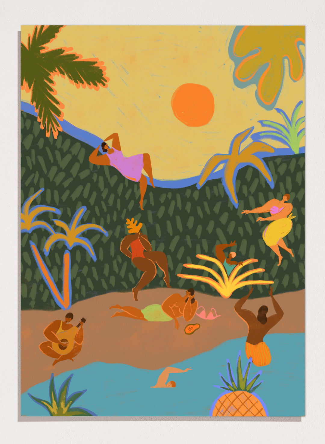 A colorful tropical beach illustration featuring stylized figures relaxing on a sandy shore, swimming in blue water, lounging under palm trees, with a yellow sky and orange sun. Summer Paradise by Arty Guava premium framed fine art print featuring women swimming, dancing, and relaxing in a vibrant tropical landscape.