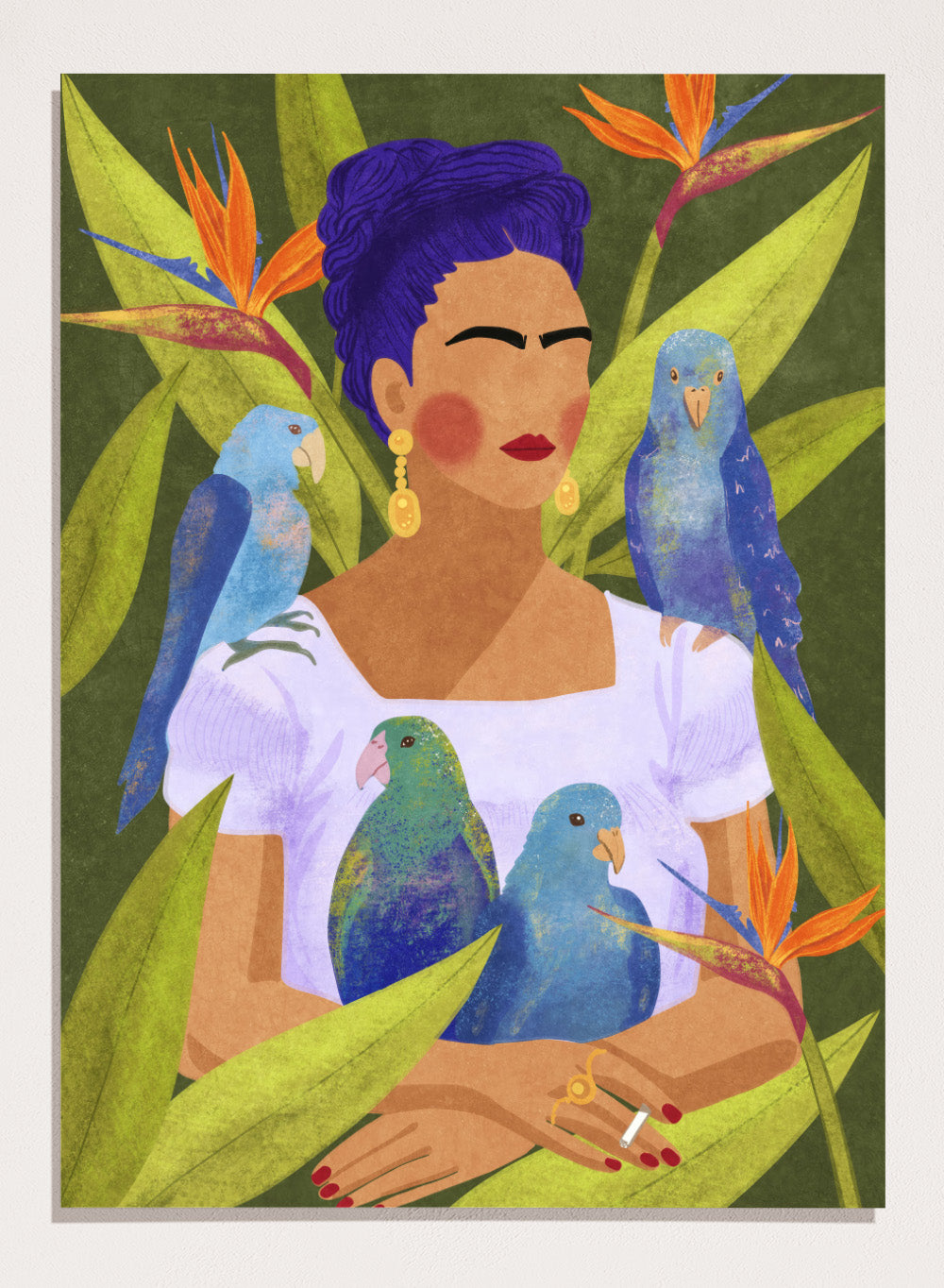Artistic depiction of a woman with blue hair surrounded by parrots and tropical plants. Frida and Birds by Raissa Oltmanns is a modern Frida Kahlo inspired art print with tropical birds and bold botanical wall poster design.