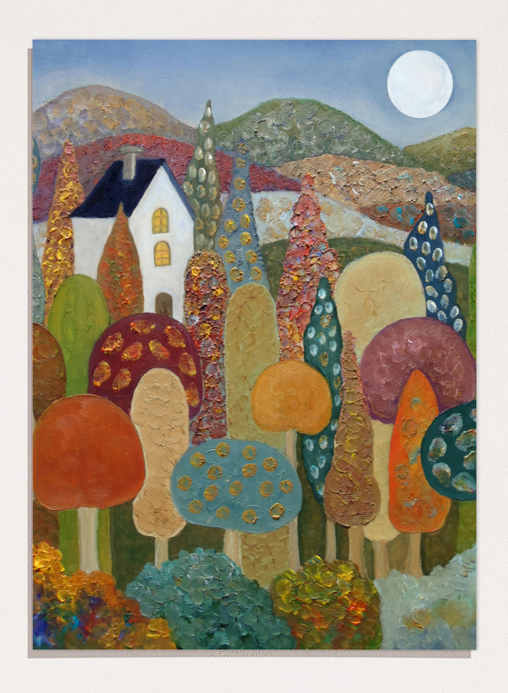 A colorful, textured folk-art style landscape painting featuring stylized mushrooms, a white house, rolling hills, and a full moon. Shop Whimsical Moonlit Landscape by Angeles M. Pomata, a colorful autumn landscape art print featuring a white house, full moon, rolling hills, and stylized trees.