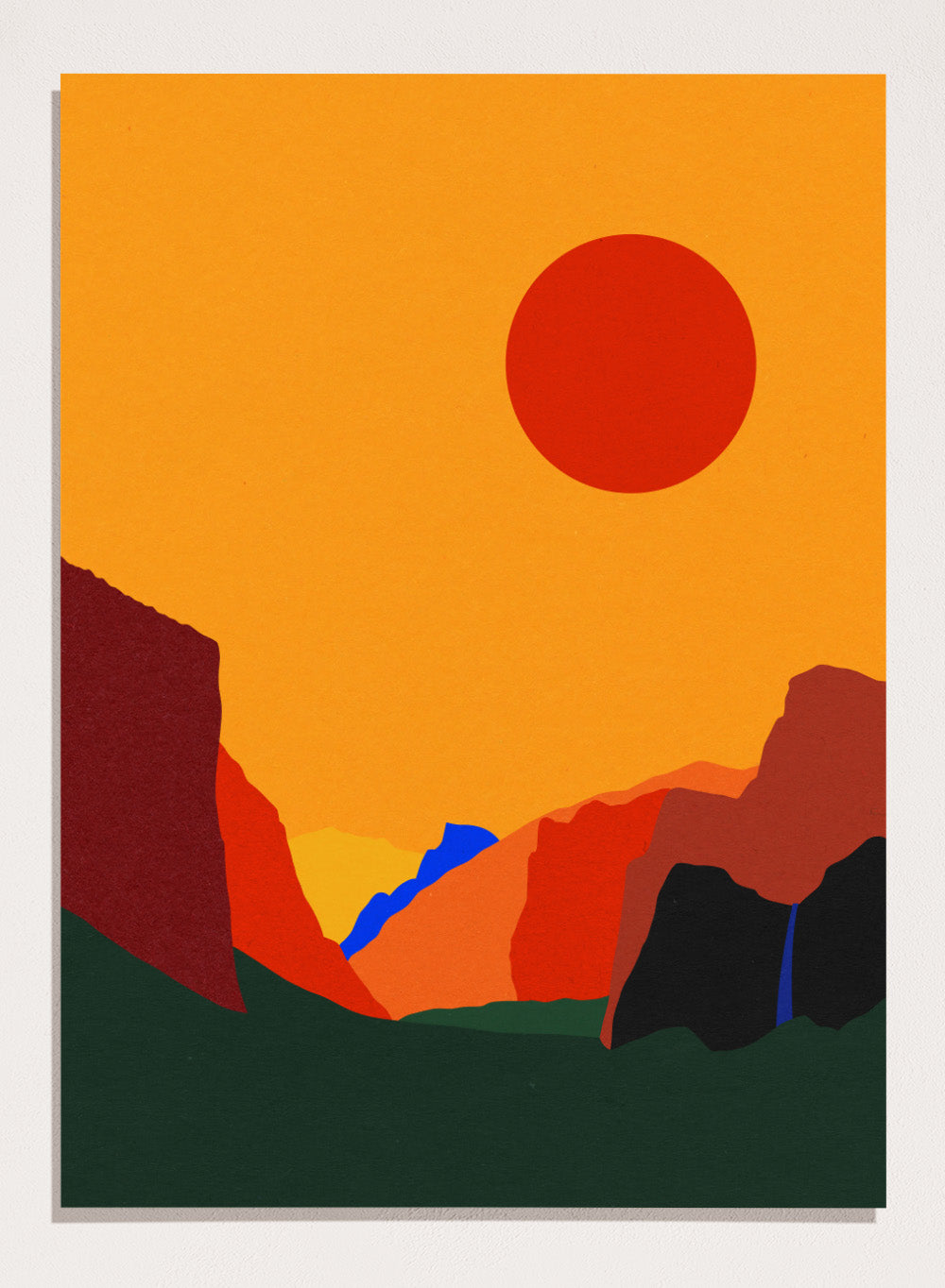 Simplified landscape with red sun, green ground, and brown cliffs. Yosemite Valley by Rosi Feist is a modern minimalist landscape fine art print featuring bold cliffs and a graphic sun. Officially licensed wall poster with optional artisan framing.