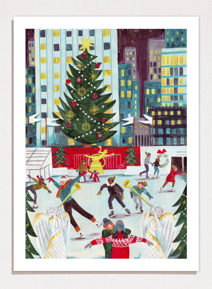 Shop Ice Skating at Rockefeller Center Christmas, a festive Christmas wall art print poster with skaters, city lights, and a New York holiday scene.