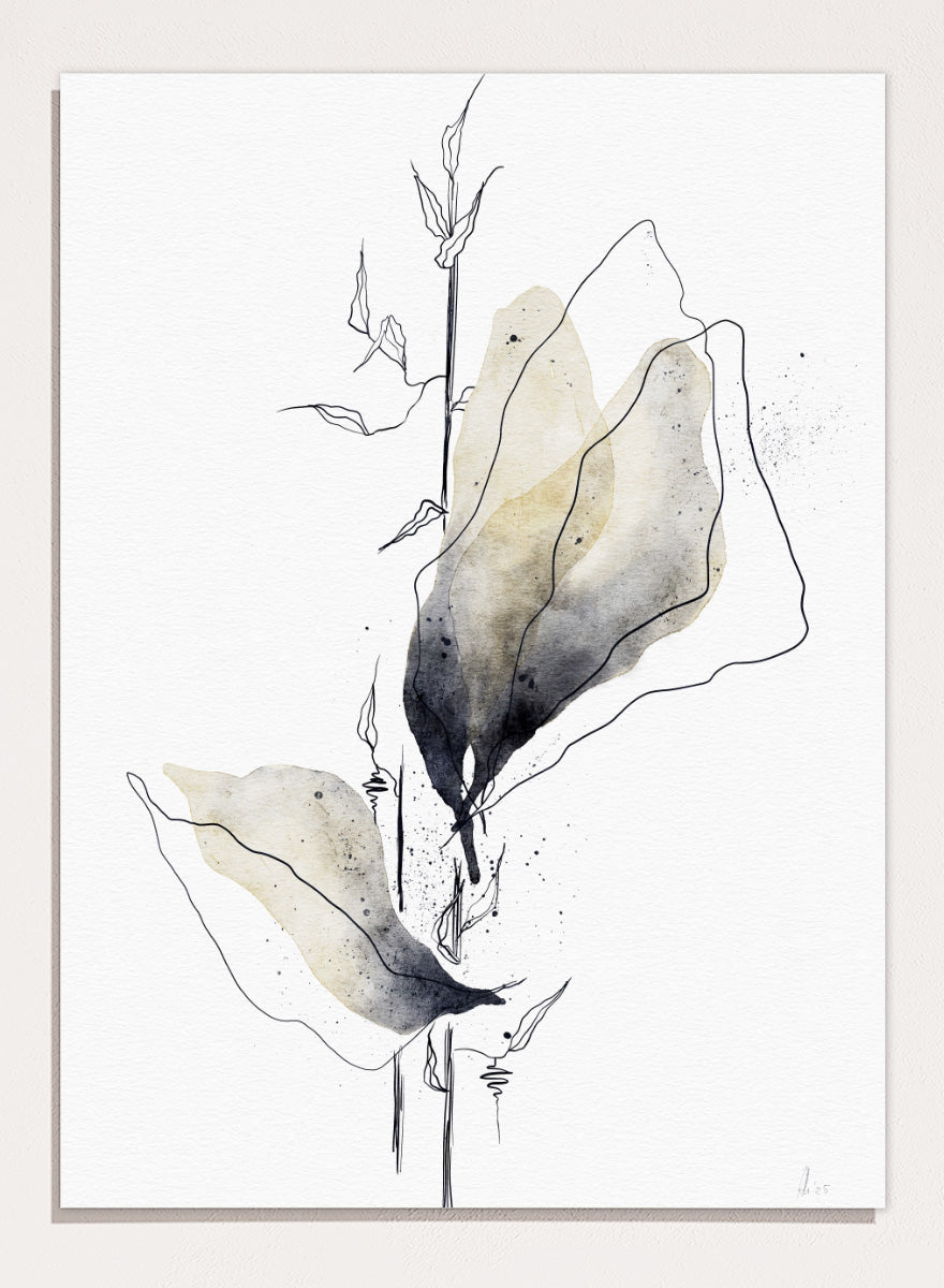 Minimalist watercolor and ink botanical art print featuring abstract leaves and stems on a white background. Shop Watercolor Botanical Elegance by Ankie Kooi, a botanical wall art print poster with abstract watercolor leaves, minimalist line art, yellow, gray, and cream.