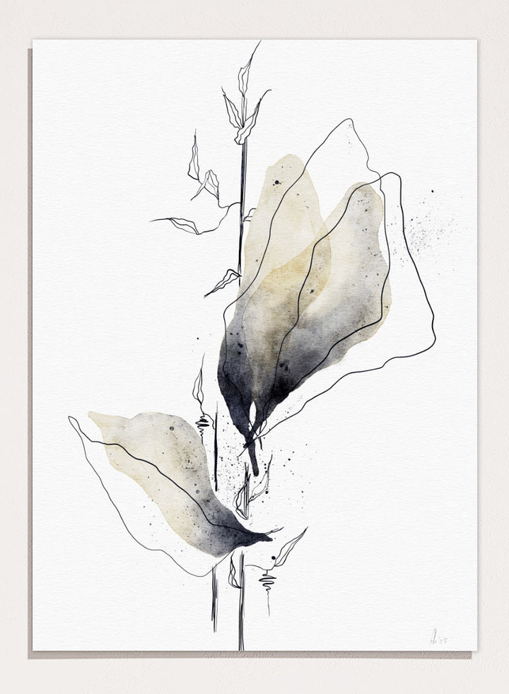 Minimalist watercolor and ink botanical art print featuring abstract leaves and stems on a white background. Shop Watercolor Botanical Elegance by Ankie Kooi, a botanical wall art print poster with abstract watercolor leaves, minimalist line art, yellow, gray, and cream.
