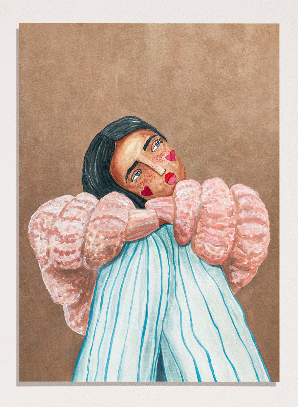 Artistic illustration of a person with large, textured sleeves against a brown background. Dreaming Girl by Raissa Oltmanns is a modern woman portrait art print with soft watercolor style, cozy pink jacket illustration, and contemporary wall poster.