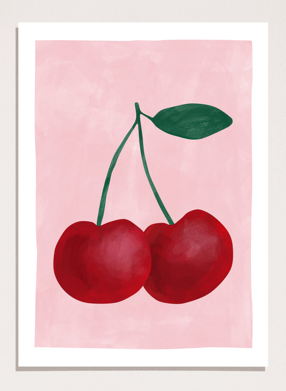 Two red cherries with a green stem on a pink background. Red cherries art print by Elena Ristova featuring two hand-painted cherries with green stems on a soft pink background. Officially licensed minimalist wall poster.