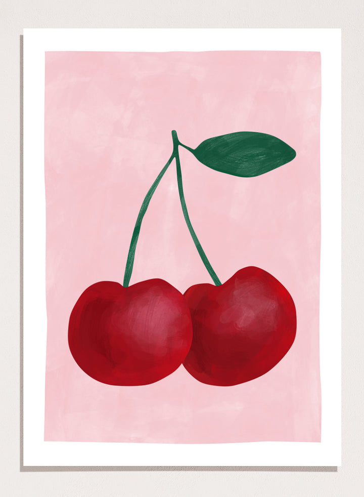 Two red cherries with a green stem on a pink background. Red cherries art print by Elena Ristova featuring two hand-painted cherries with green stems on a soft pink background. Officially licensed minimalist wall poster.