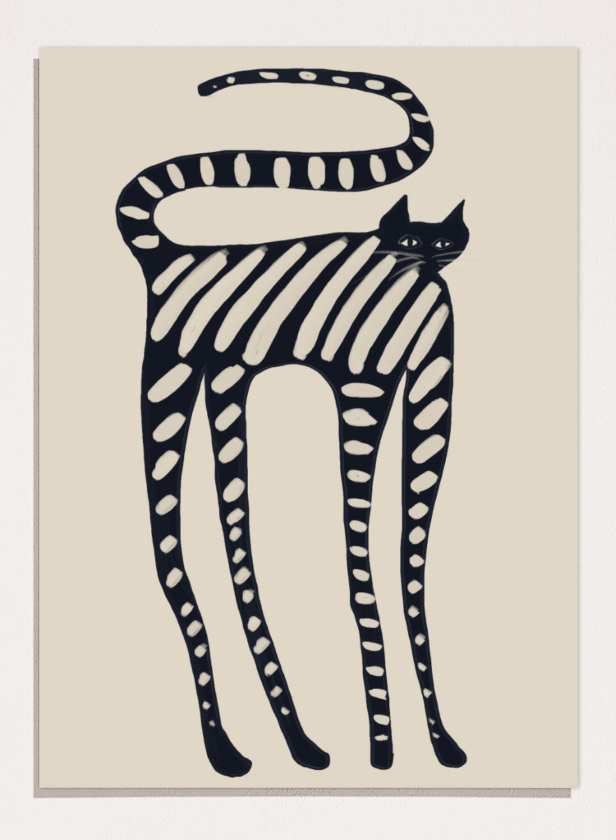 A stylized black cat illustration with bold diagonal stripes and white oval spots on a warm beige background. Striped Whimsical Cat by The Art Concept playful cat art print featuring an elongated black cat with cream stripes and an oversized looping tail.