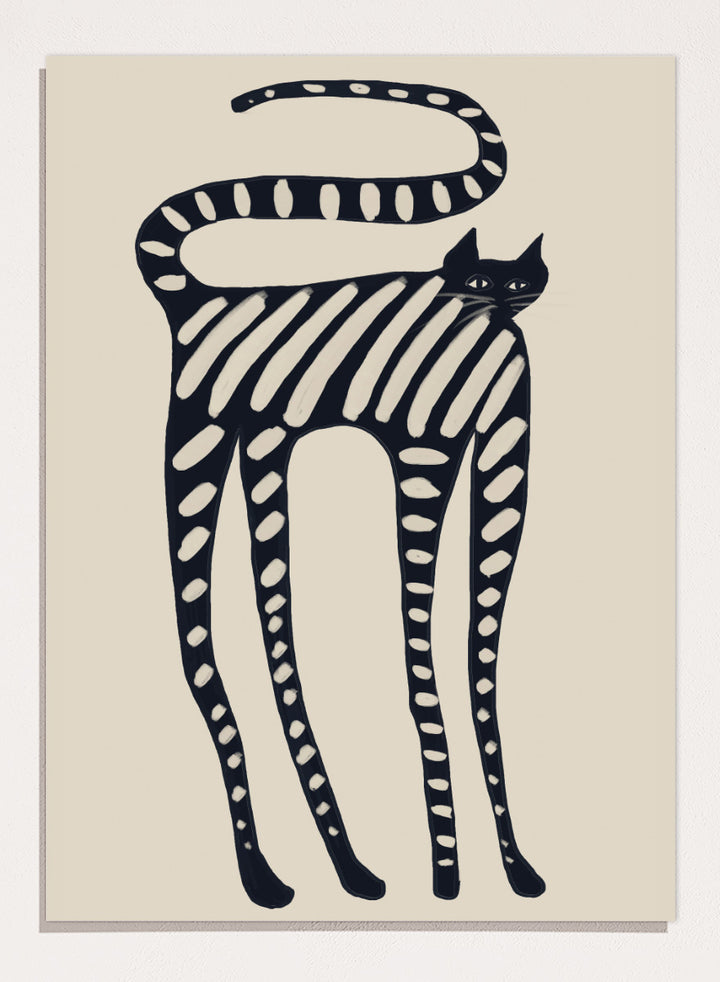 A stylized black cat illustration with bold diagonal stripes and white oval spots on a warm beige background. Striped Whimsical Cat by The Art Concept playful cat art print featuring an elongated black cat with cream stripes and an oversized looping tail.