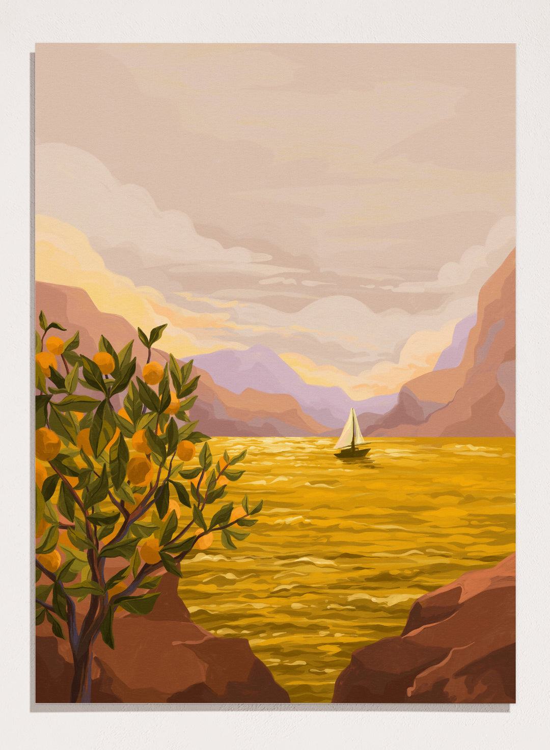 Sailing boat on a yellow sea with mountains and lemon tree in the foreground. Golden Sunset by Goed Blauw is a coastal art print and wall poster featuring a sailboat on a glowing ocean with cliffs and an orange tree.