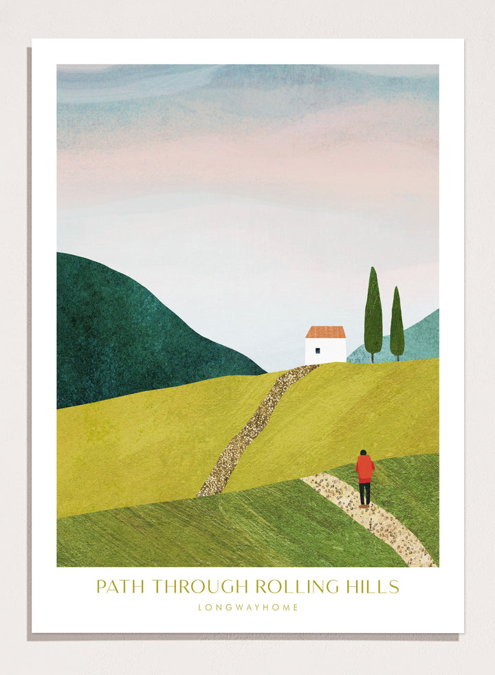 Illustration of a person walking along a path through rolling hills with a house and trees in the background. Path Through Rolling Hills by Longwayhome is a minimalist landscape art print featuring rolling green hills, countryside scenery, and modern travel inspired wall art.