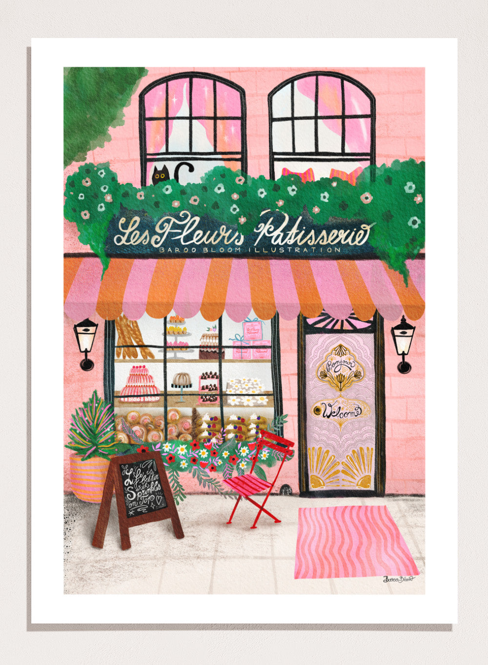 Illustration of a bakery named 'Les Fleuris Patisserie' with a pink exterior and greenery. Bake Shop Front by Baroo Bloom art print featuring a colorful bakery storefront illustration. Whimsical European street scene wall poster with pink tones and playful detail.