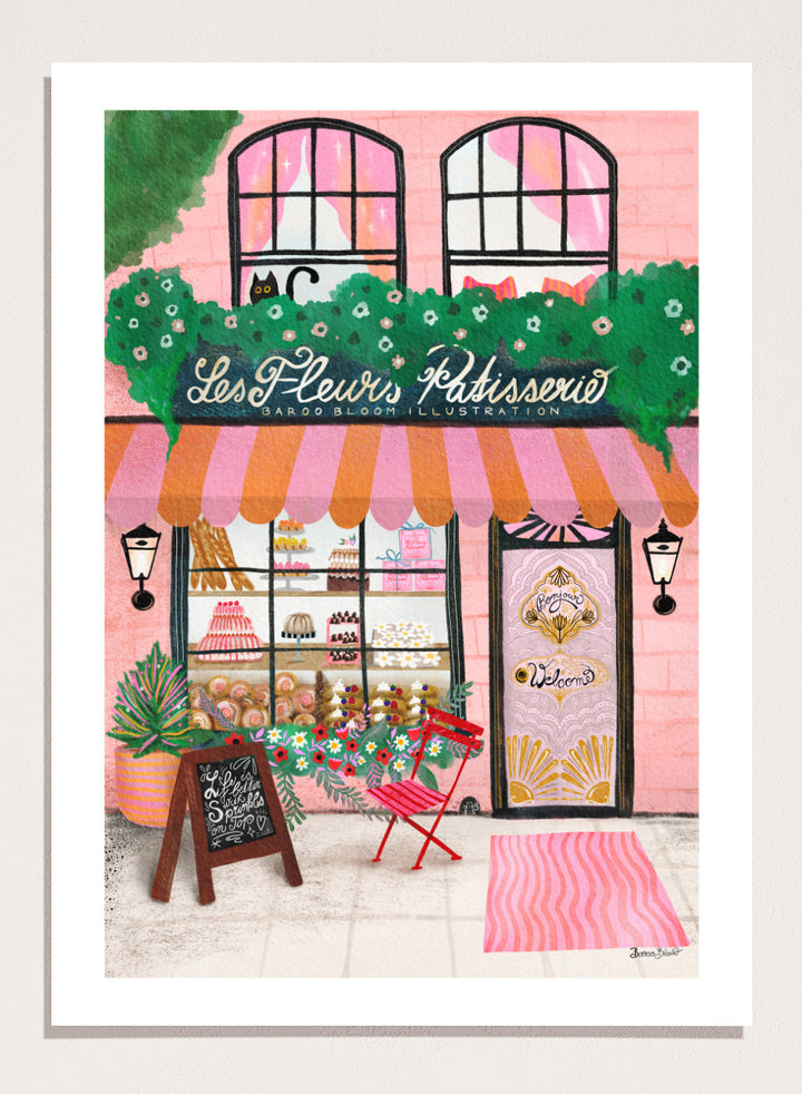 Illustration of a bakery named 'Les Fleuris Patisserie' with a pink exterior and greenery. Bake Shop Front by Baroo Bloom art print featuring a colorful bakery storefront illustration. Whimsical European street scene wall poster with pink tones and playful detail.