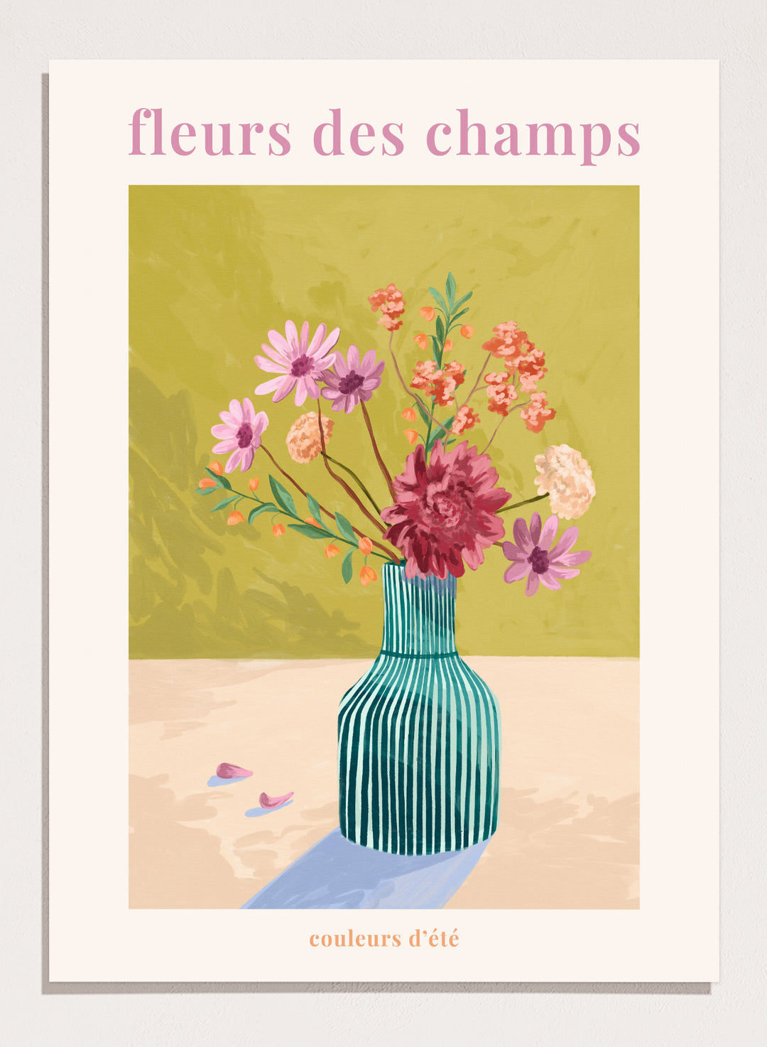 Illustration of a vase with flowers on a green background, featuring the text 'fleurs des champs' and 'couleurs d'ete'. Fleur Des Champs Green by Goed Blauw is a colorful floral art print and wall poster featuring a striped vase with loose flowers on a warm yellow background.