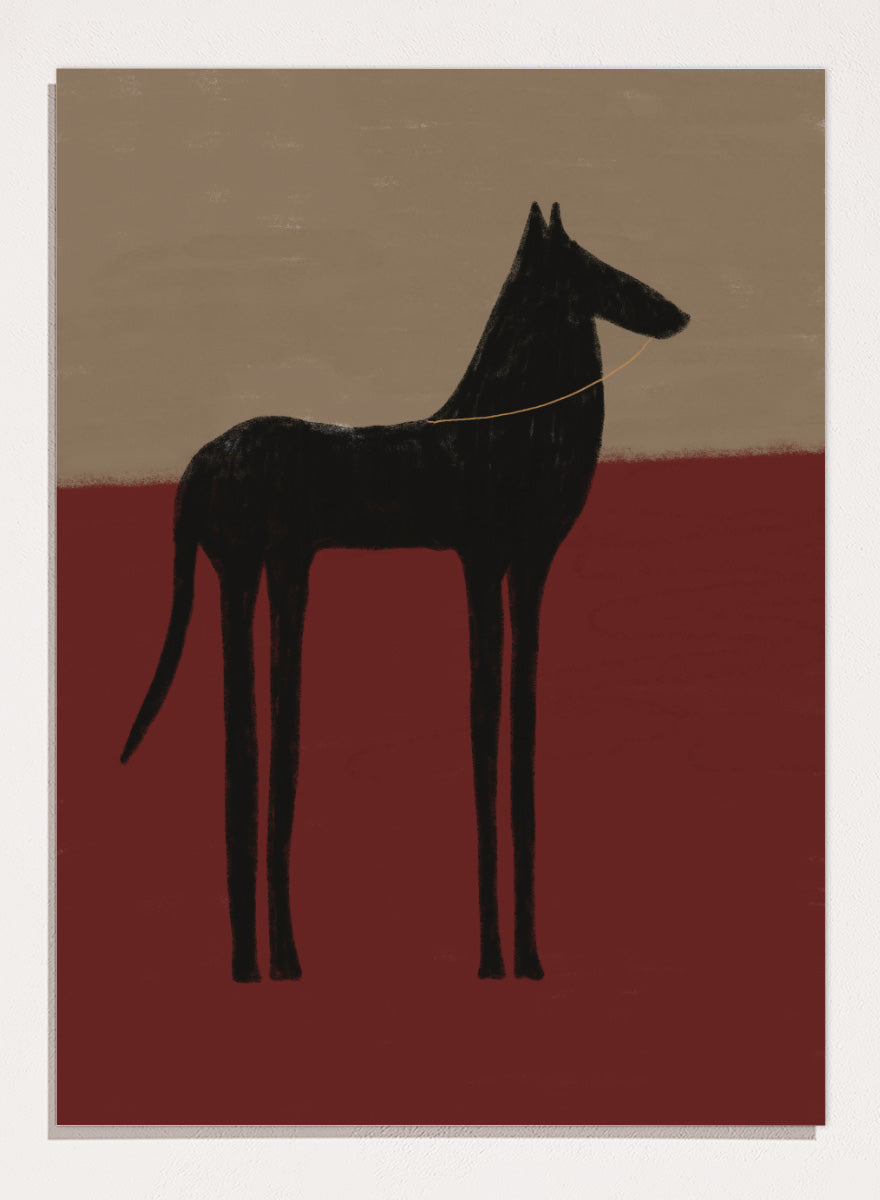 A stylized painting of a black dog silhouette standing in profile against a two-tone background with a beige upper half and a deep red lower half. Abstract Black Horse by The Art Concept animal art print featuring a tall black horse against deep red and muted taupe tones.