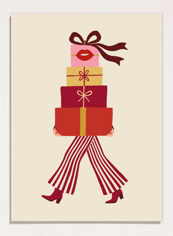 Shop Fashionable Gift Shopping by Dominique Vari, a festive fashion wall art print poster featuring stacked presents, striped trousers, red boots, and retro holiday colors.