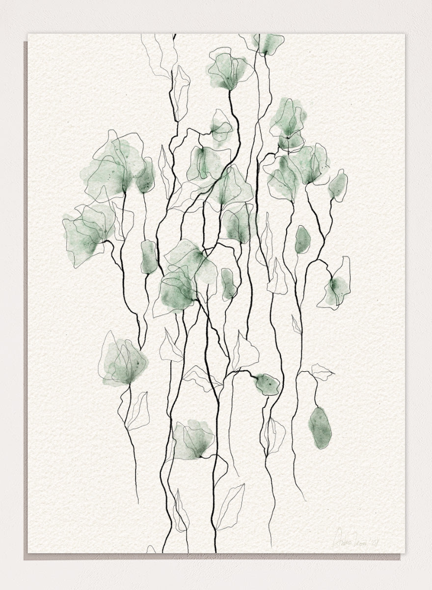 Shop Flowing Green Florals by Ankie Kooi, a botanical wall art print poster with green flowers, watercolor florals, and delicate line art stems.