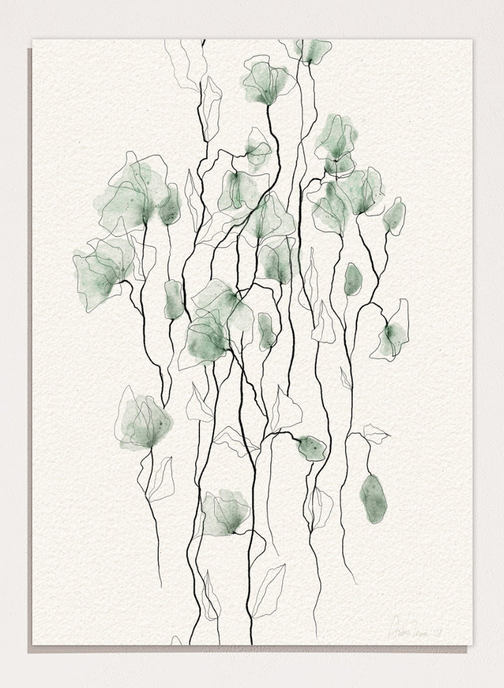 Shop Flowing Green Florals by Ankie Kooi, a botanical wall art print poster with green flowers, watercolor florals, and delicate line art stems.