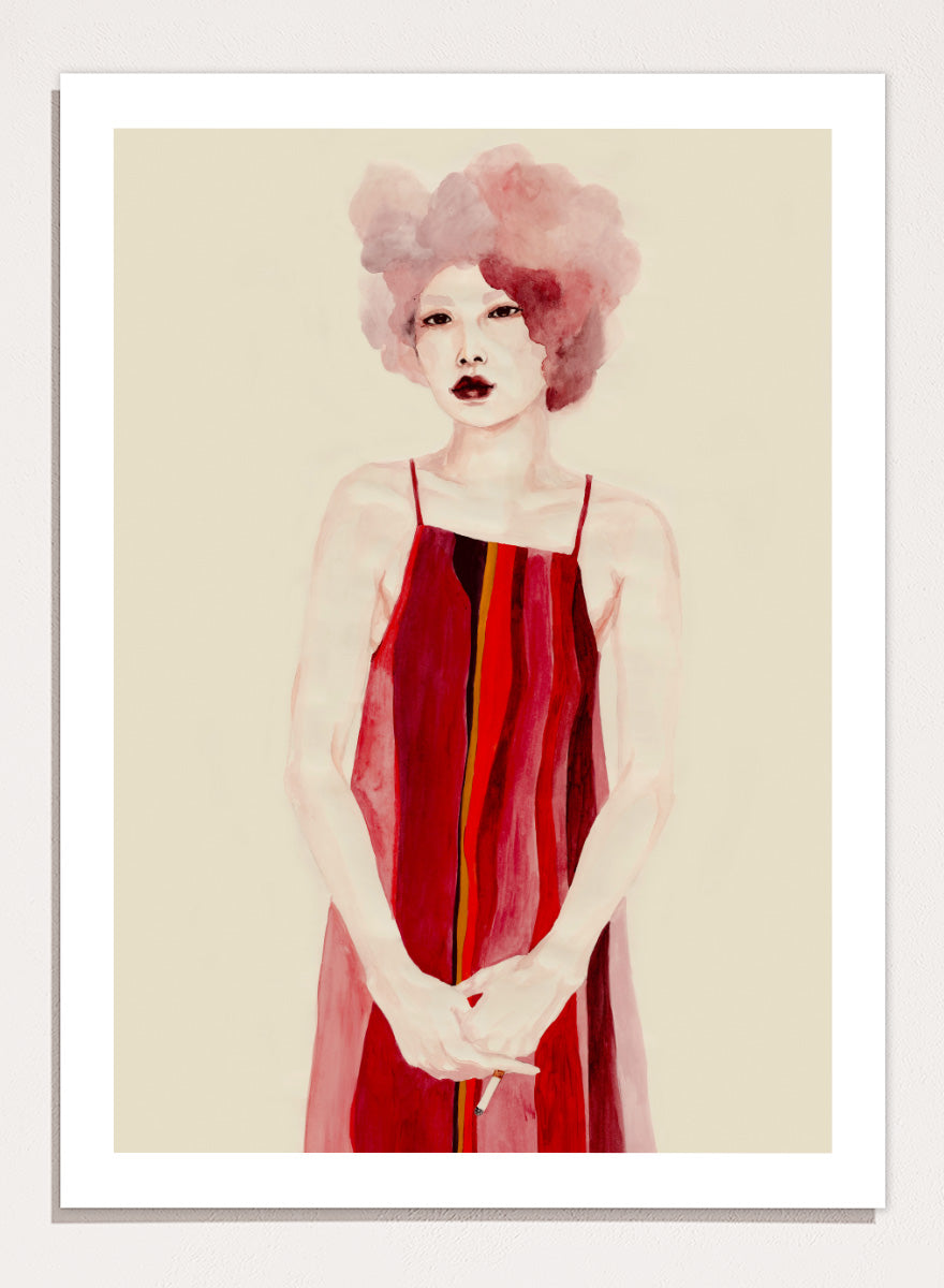 Shop Red Dress Portrait by Sophia Novosel, a modern female portrait wall art print poster featuring a woman in a red striped dress with soft pink hair.