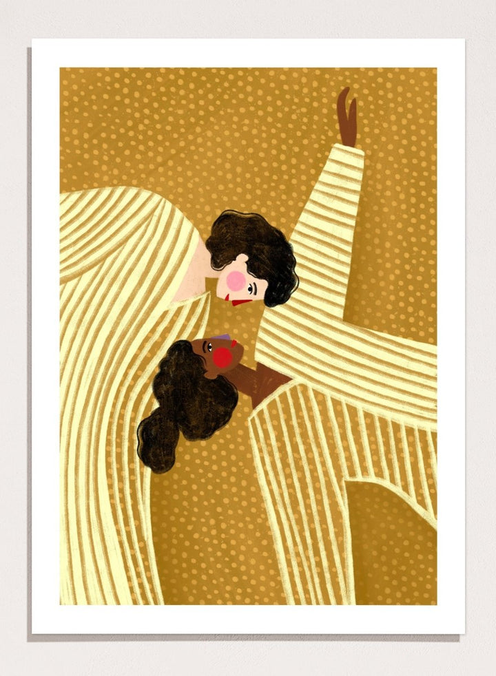 A framed art print featuring a stylized illustration of two women in cream and gold striped dresses against a textured gold background. Loving Embrace by Bea Müller premium fine art print featuring two figures in striped clothing, with warm colors and a bold, intimate composition.