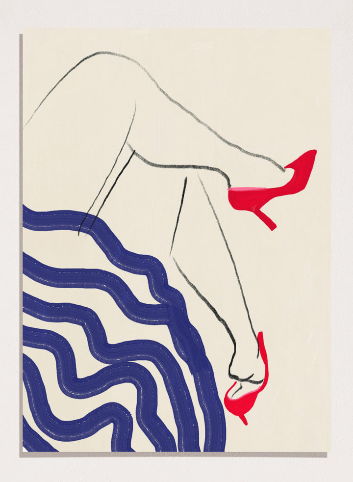 Crimson Heels Dance art print by Little Dean. Contemporary abstract figure wall art featuring bold red heels, fluid movement, minimalist illustration, and modern poster design.