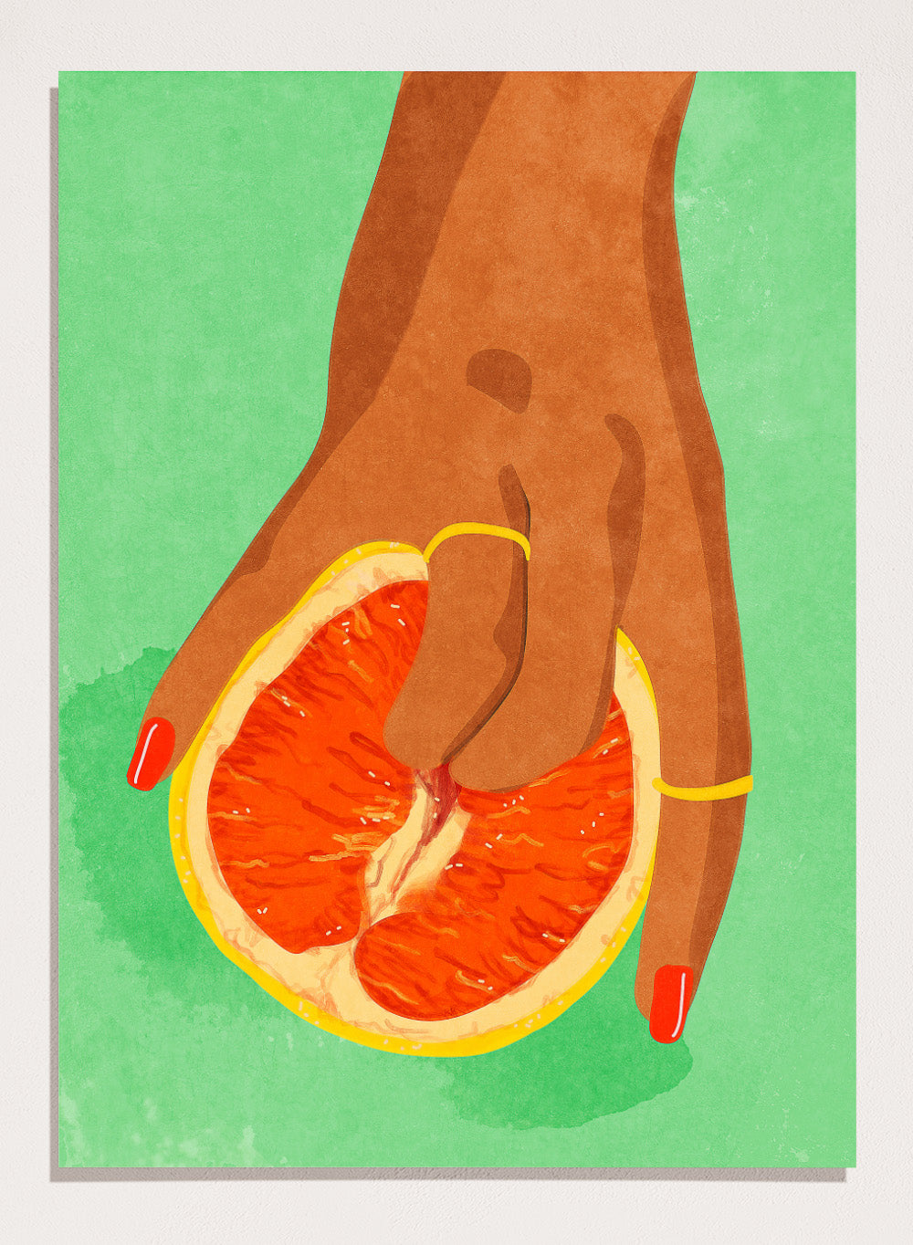 Illustration of a hand holding a sliced orange against a green background. Fruit Lover wall art print by Raissa Oltmanns blends playful citrus and intimate symbolism in a contemporary modern aesthetic poster.