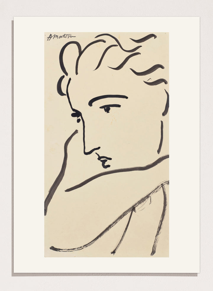 Artistic line drawing of a profiled face on beige paper. Profil de femme by Henri Matisse is a minimalist portrait art print featuring expressive black linework, modern French design, and elegant abstract simplicity.