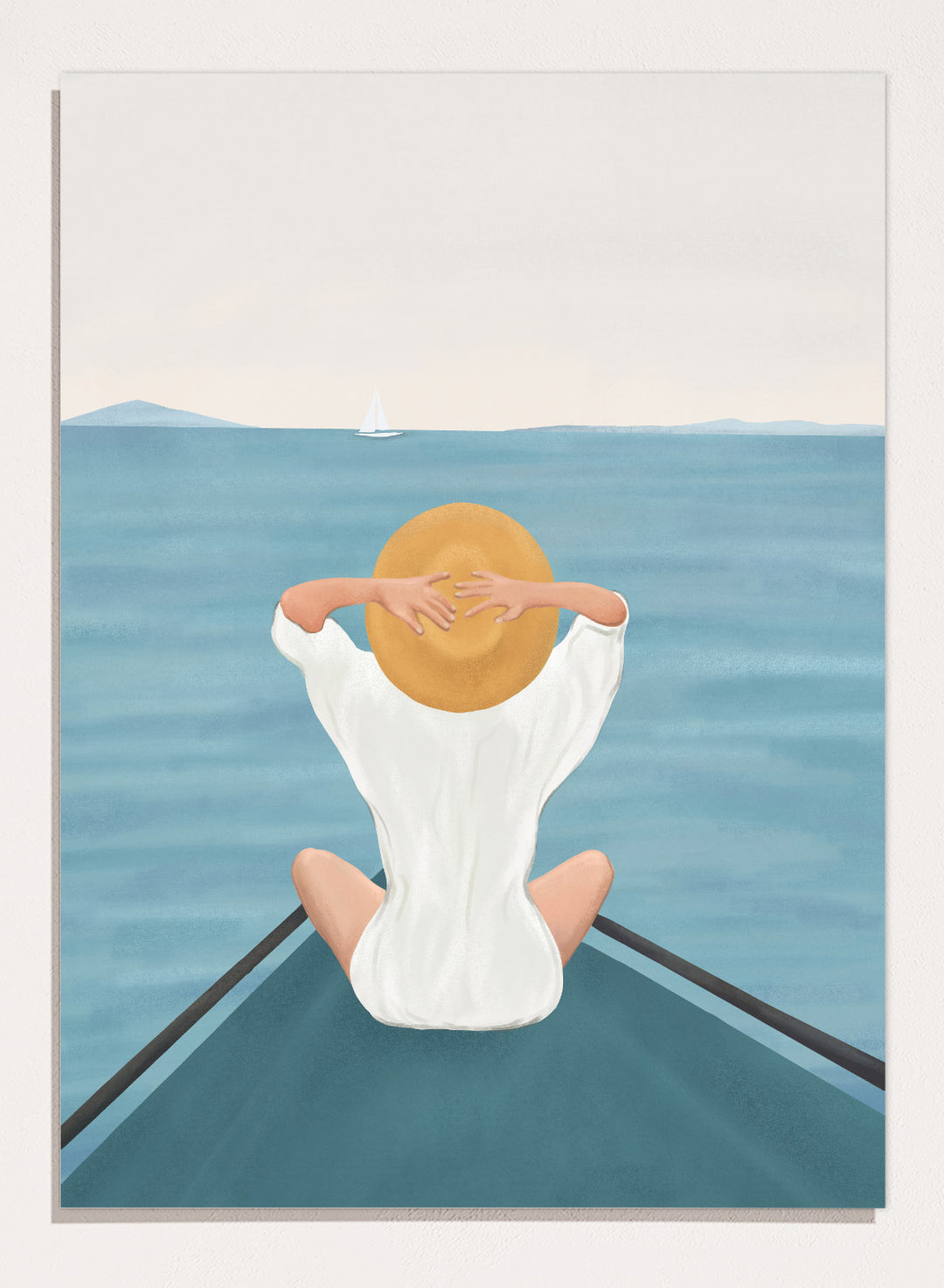 Person sitting on a dock over water wearing a white dress and straw hat. Ocean Escape by Flow Line features a woman sitting on a boat overlooking the sea, creating a coastal art print inspired by travel, summer, and ocean living.