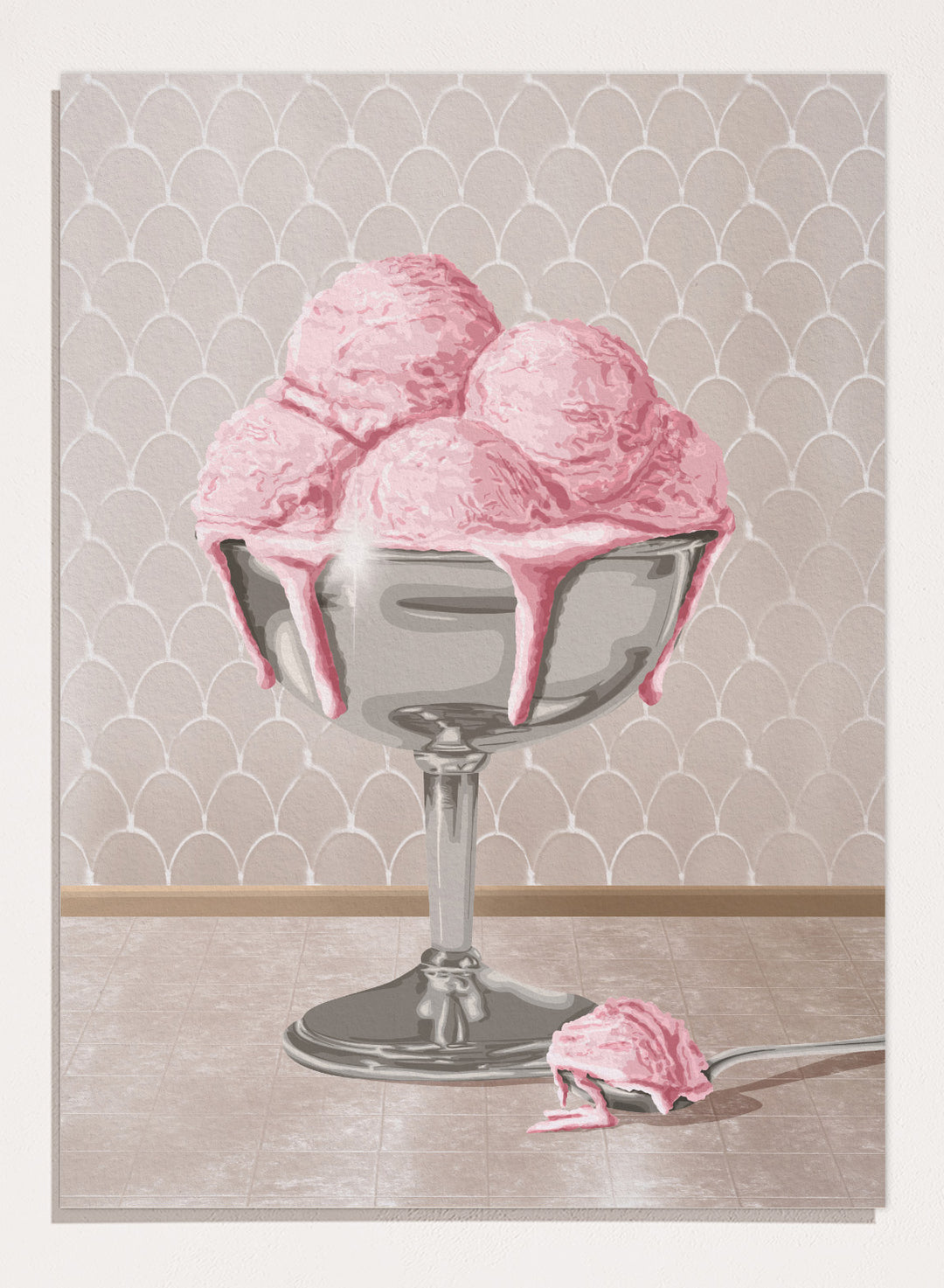 A stylized illustration of pink ice cream scoops in a silver pedestal bowl with dripping pink sauce, set against a pale patterned wall and floor. Sweet Pink Meltdown by Lisa Solomoniuk premium framed fine art print featuring melting pink ice cream in a silver dessert cup.