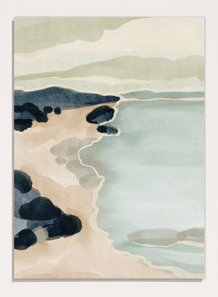 Shop Coastal Serenity by Nikita Jariwala, a modern coastal wall art print featuring a soft shoreline, abstract seascape, rocky beach, and pale blue, sage, and cream tones.