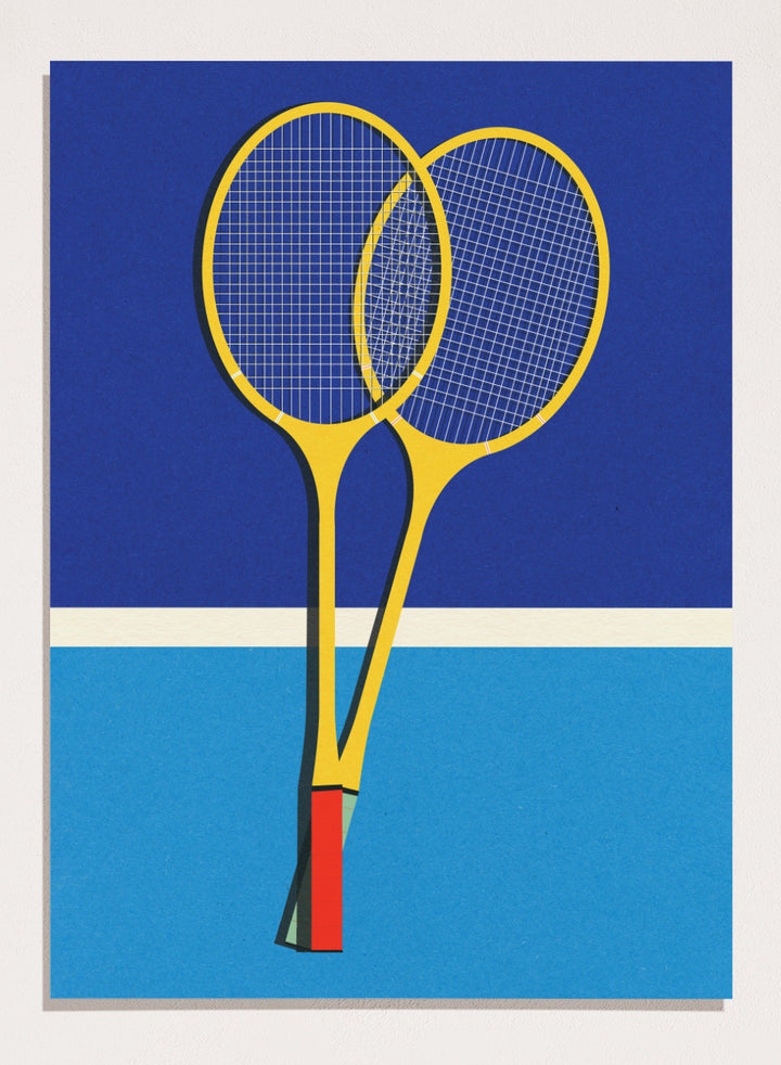 Two yellow badminton rackets on a blue background with a white stripe at the bottom. Wooden Badminton Rackets by Rosi Feist is a modern minimalist fine art print featuring bold yellow rackets on a graphic blue court. Officially licensed wall poster with optional artisan framing.